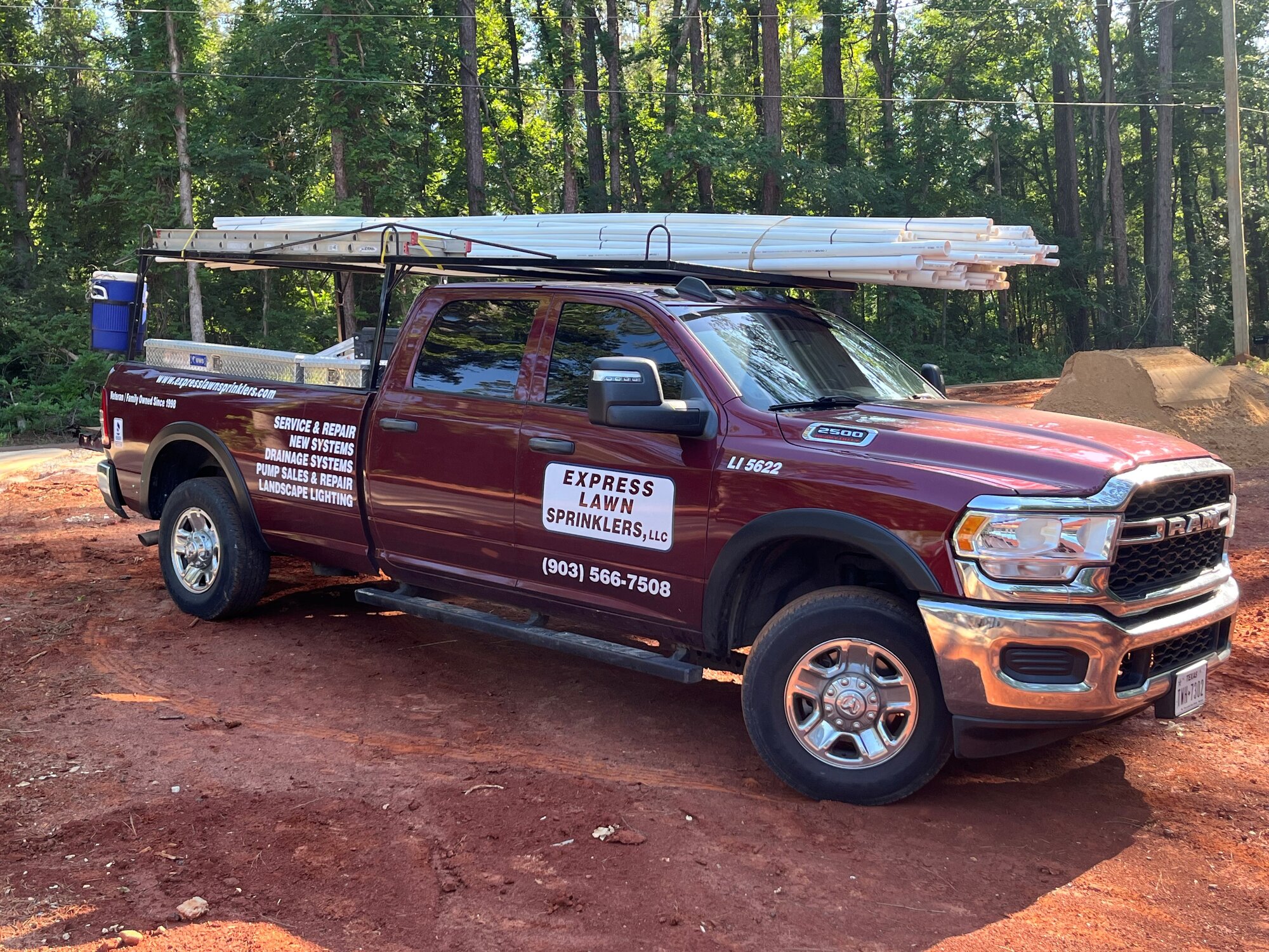 Express Lawn Sprinklers crew truck — fully equipped for installs, service, drainage and lighting across Tyler & East Texas.